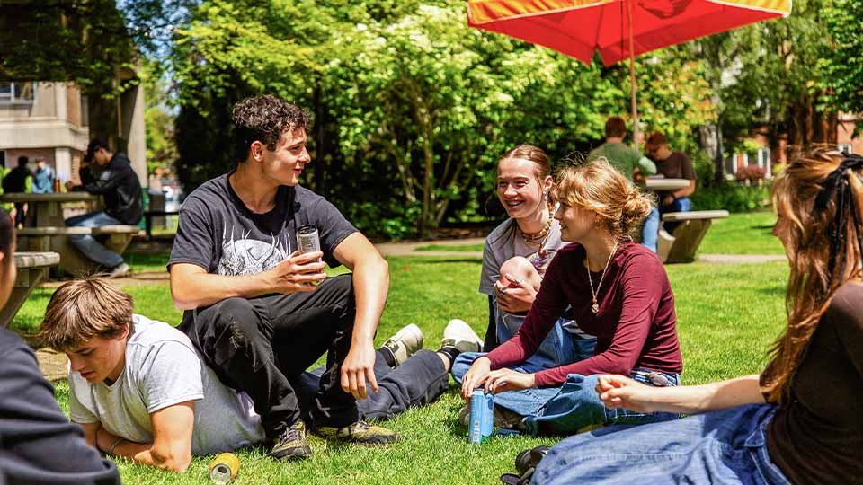 Students relaxing and talking on a green campus space with academic buildings nearby.