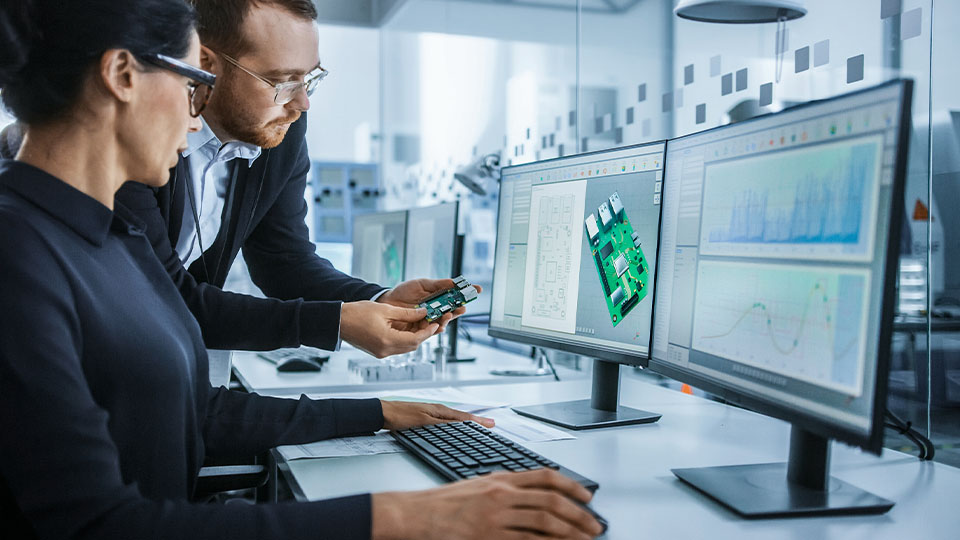 Two professionals analyze a circuit board and 3D model on screen, illustrating hardware design in a computing systems environment.