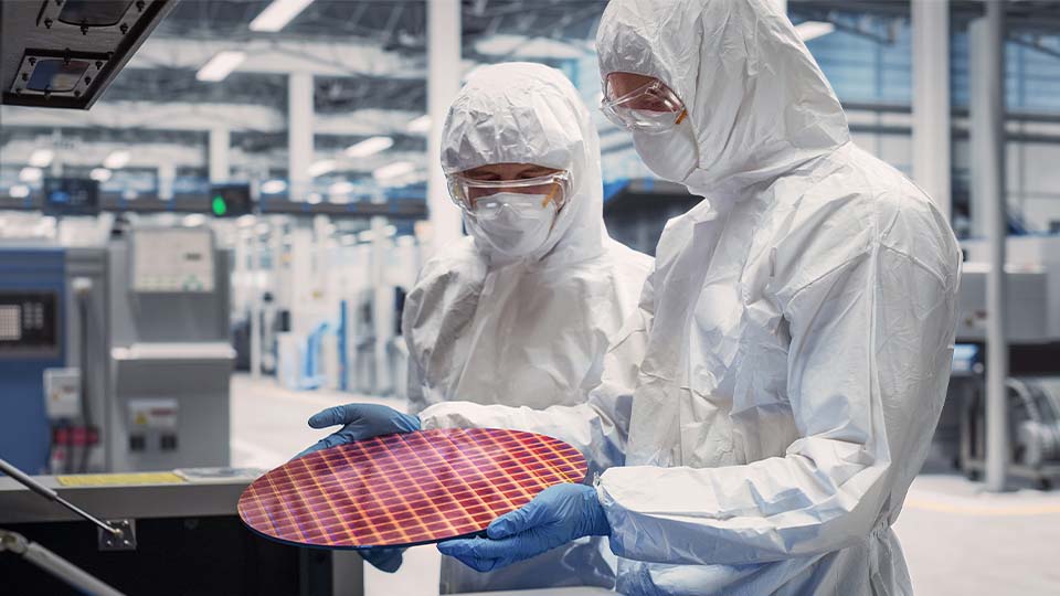 Two engineers in cleanroom suits inspecting a semiconductor wafer in a high-tech manufacturing lab environment